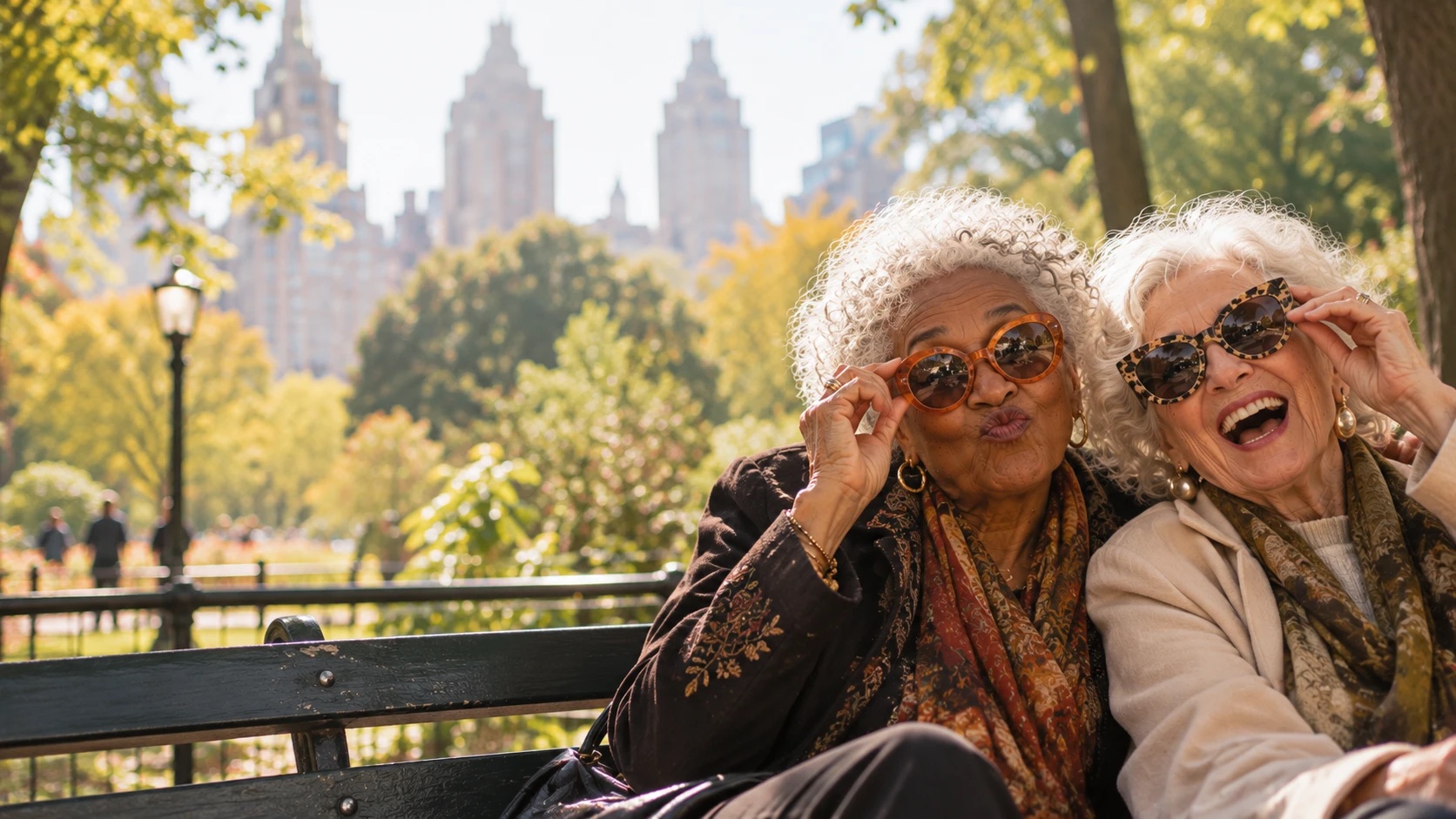 Two older women laughing together on a park bench in New York City