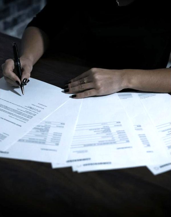 A woman going through a stack of paperwork with a pen
